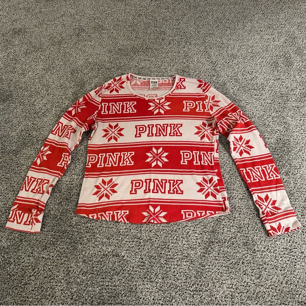PINK Victorias Secret L Red Light Pink Fair Isle Thermal Pajamas R $79 Holiday - Picture 7 of 14